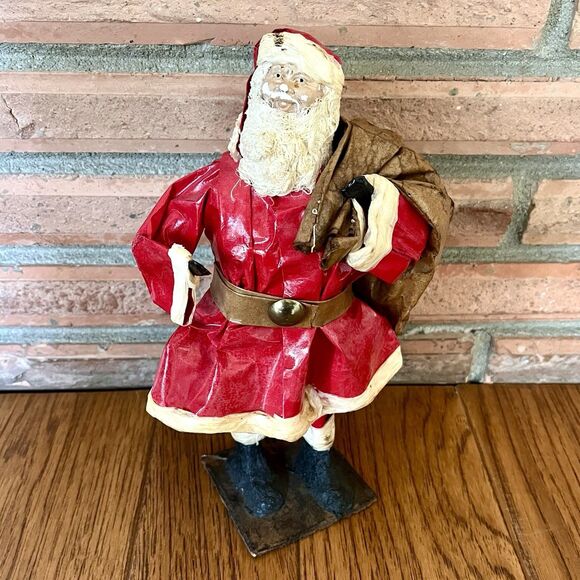 Vintage Paper Mache Red Suit Santa W/Toy Bag Figurine 8.5” Rustic Primitive Folk - Picture 1 of 9